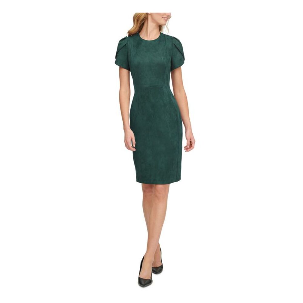 CALVIN KLEIN Womens Green Tulip Sleeve Above The Knee Sheath Dress Petites 10P